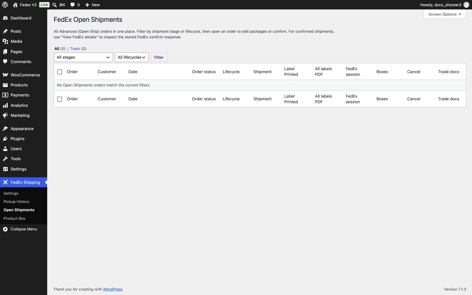 The Open Shipments page with its table of Advanced-mode orders