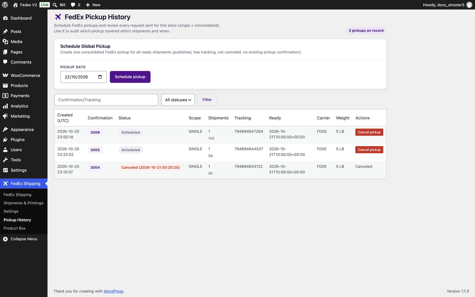 Pickup History page