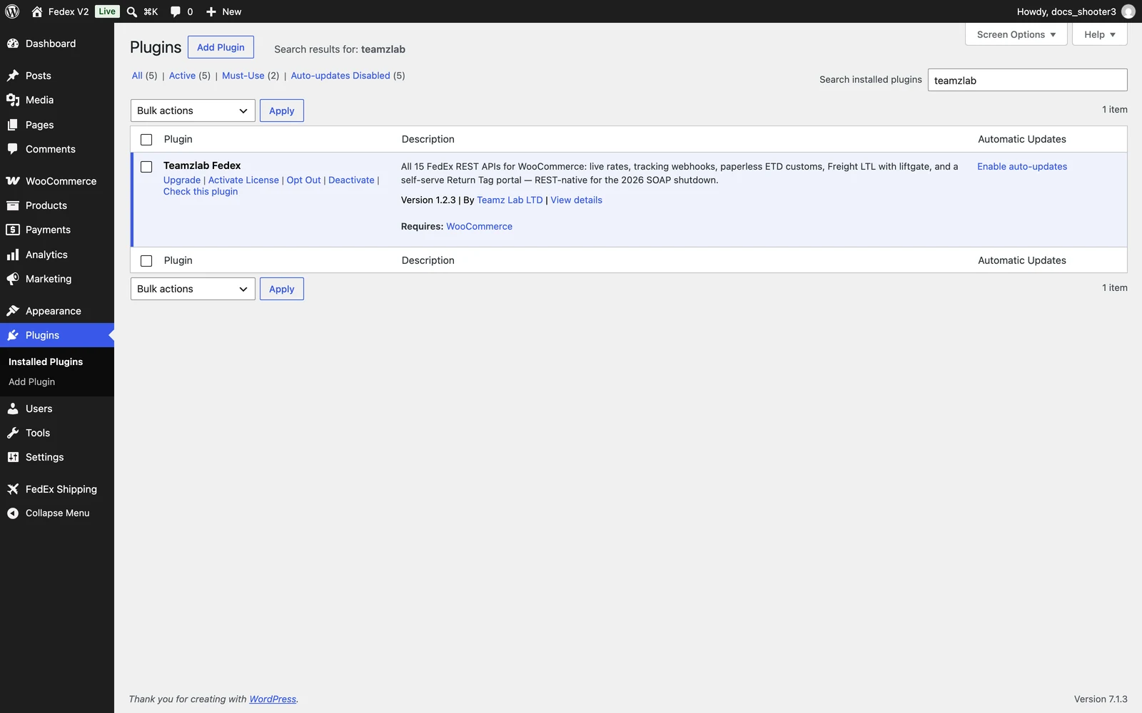 The WordPress Plugins list showing Teamzlab Fedex installed and active