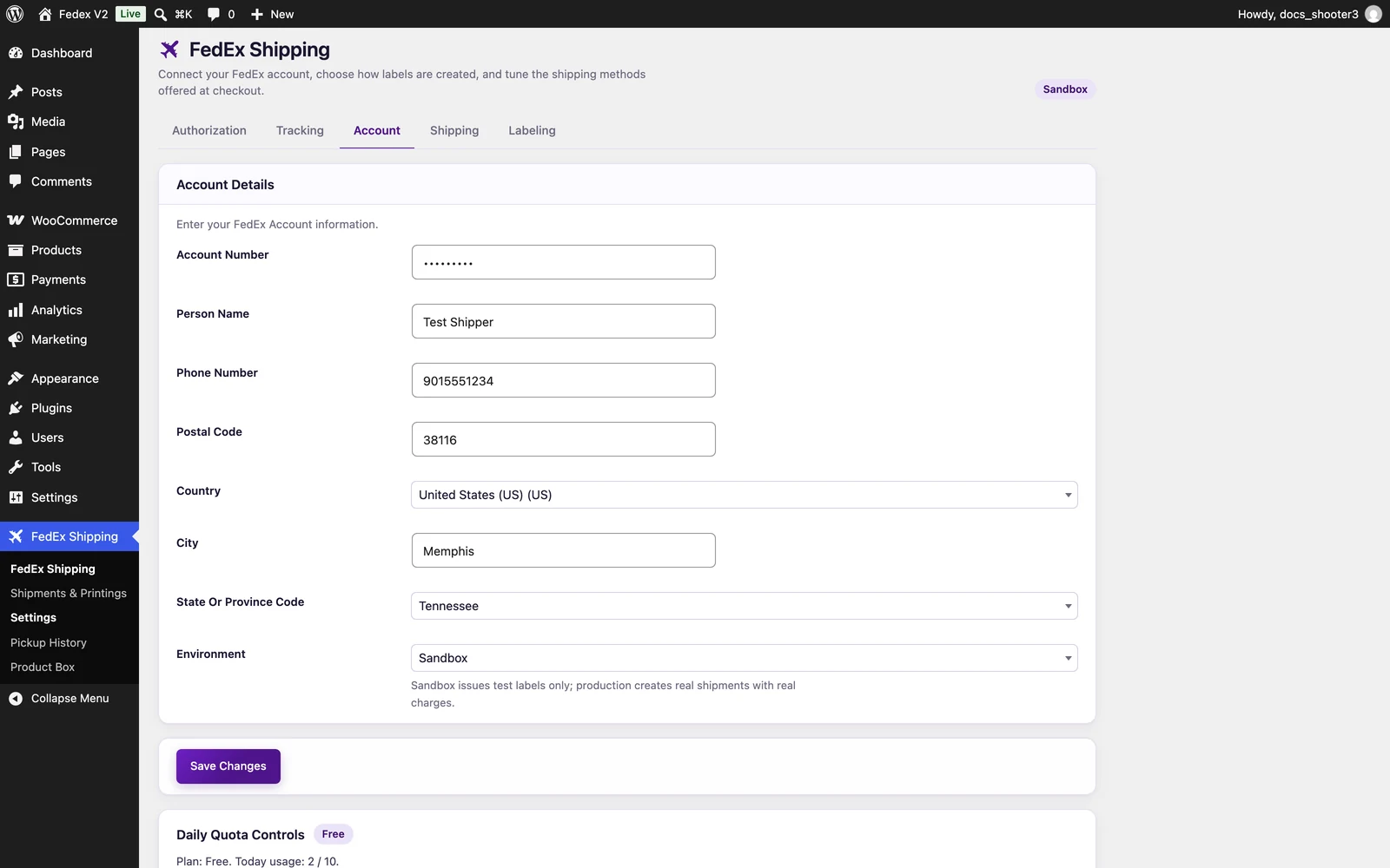 The Account tab with the shipper details and the Environment dropdown