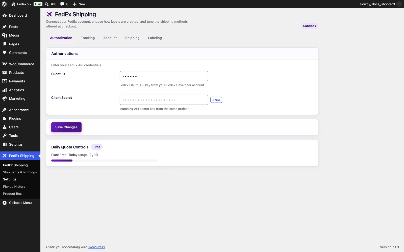 The Authorization tab of the FedEx Shipping settings page