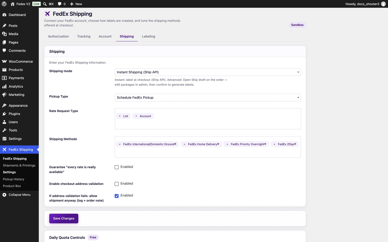 The FedEx Shipping settings page, Shipping tab, with the address-validation checkboxes near the bottom.