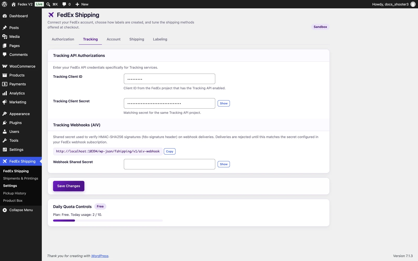The Tracking tab with the tracking credential fields