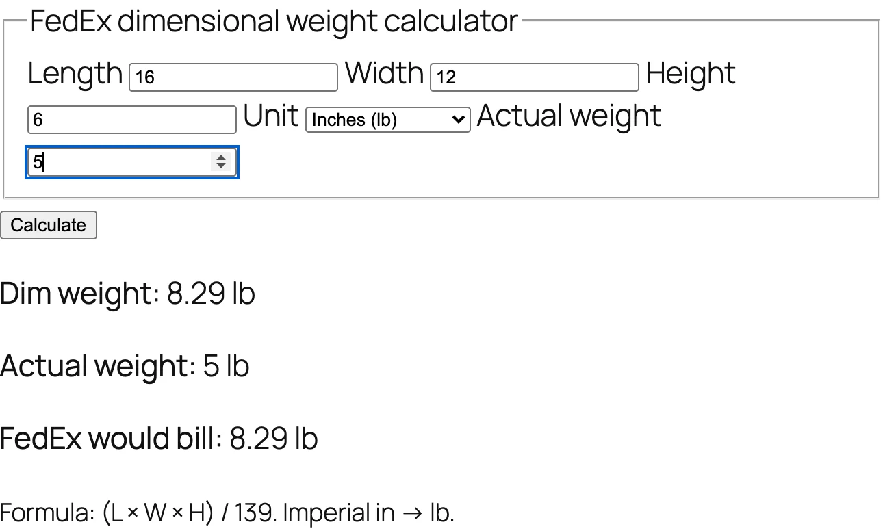 Dim weight calculator