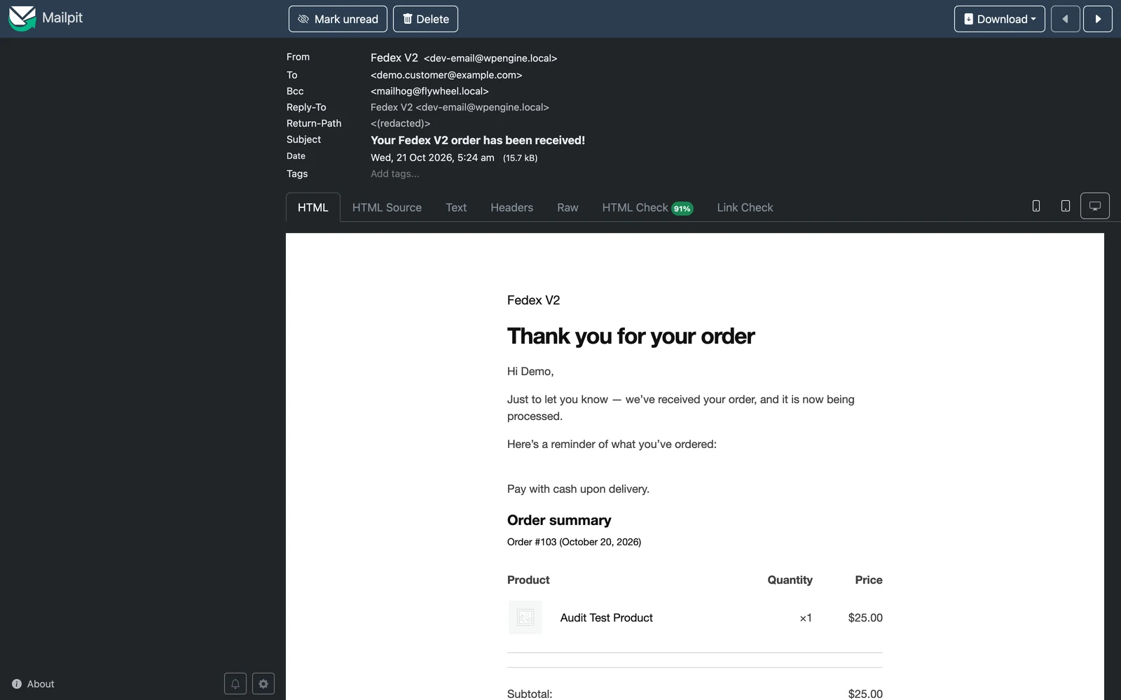Shipment confirmation email