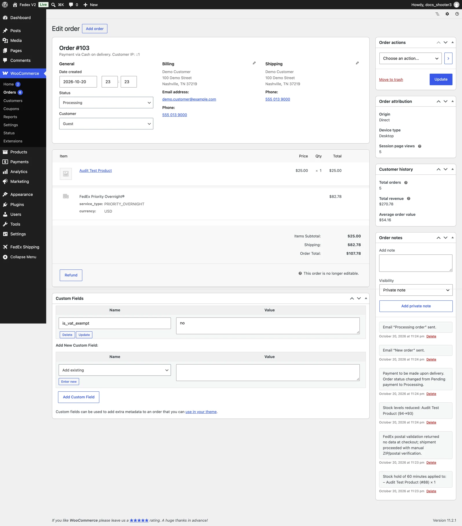 The WooCommerce order screen with the FedEx Open Ship box